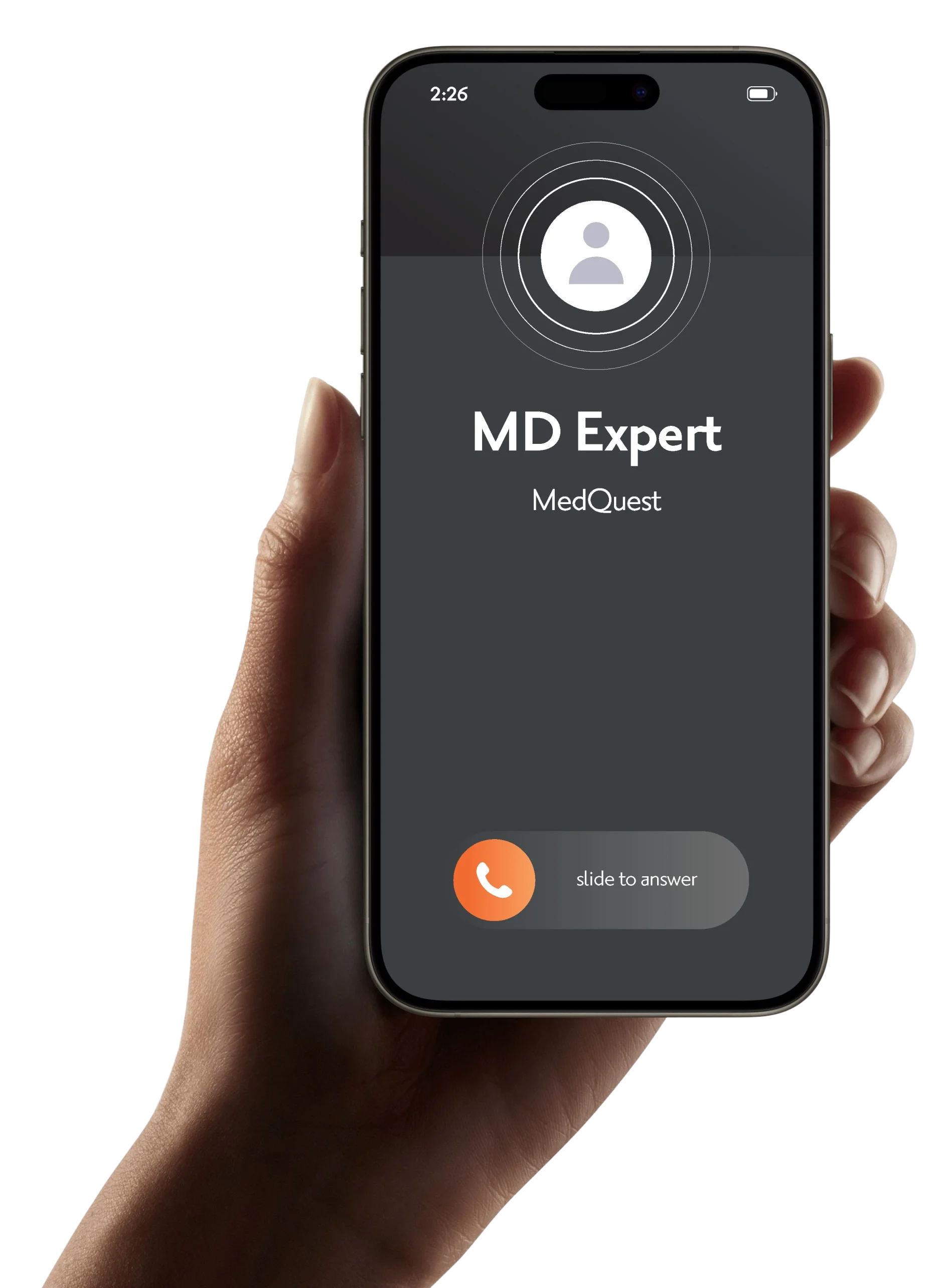 A hand holding a smartphone receiving a call from a MedQuest medical expert.
