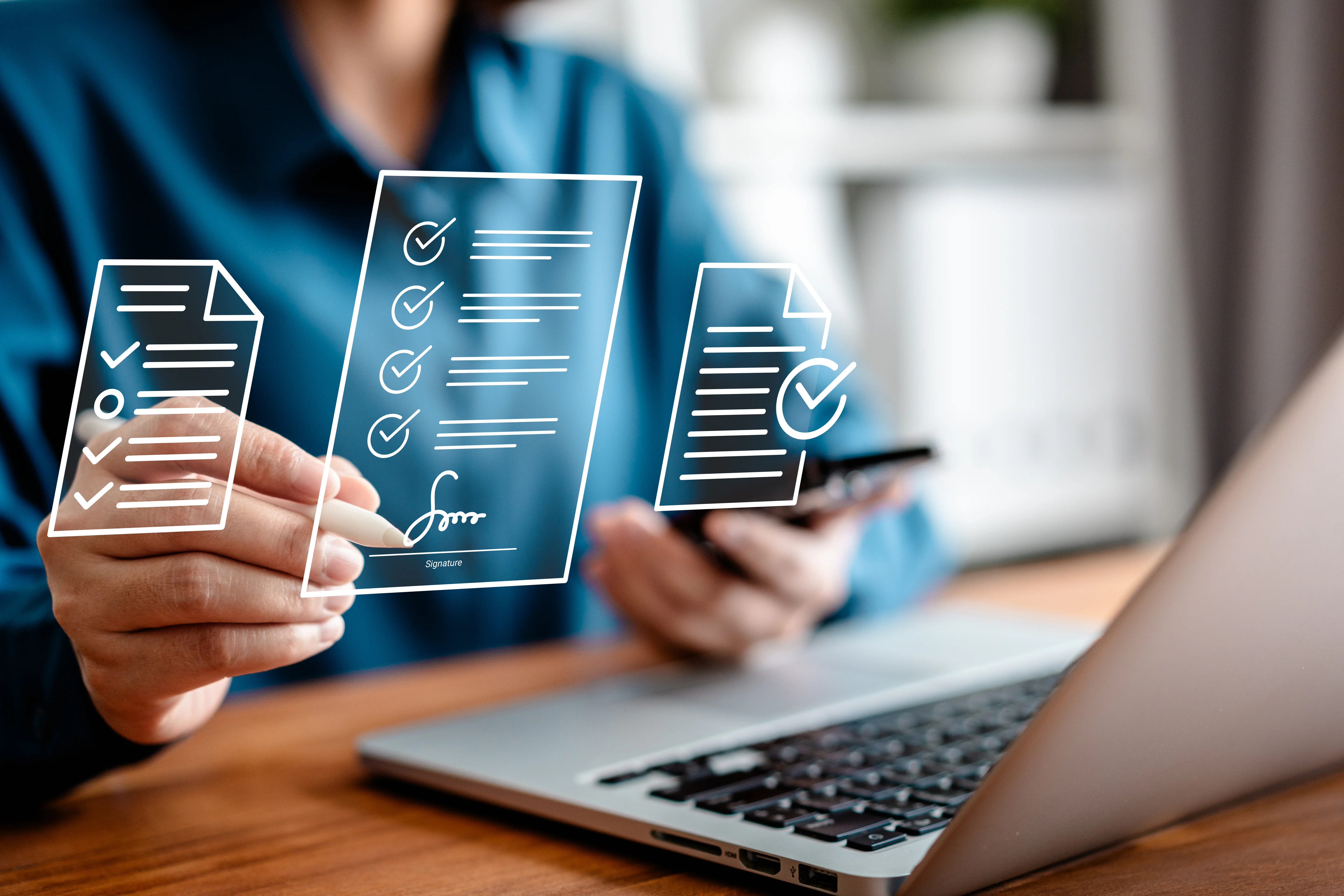 A businesswoman using a stylus pen to sign a document on a virtual notebook screen.